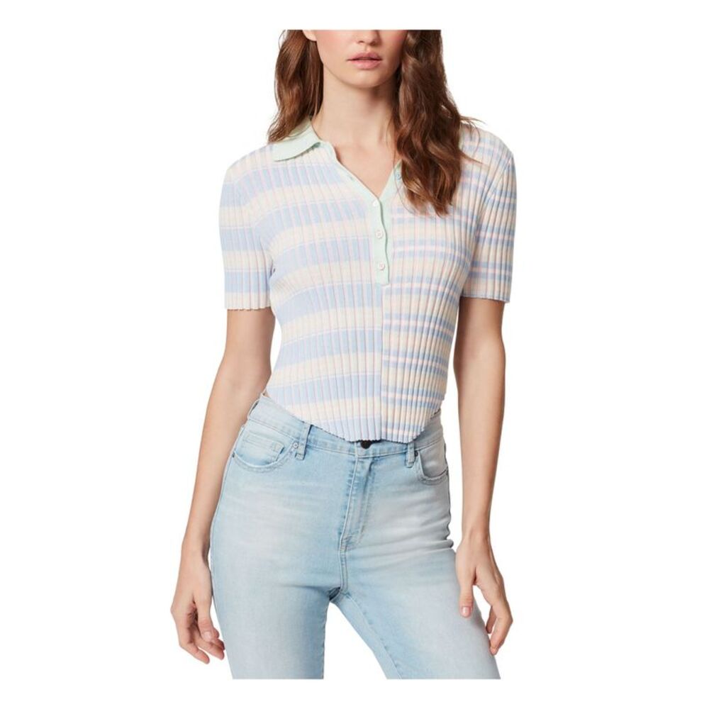 Womens White Ribbed Fitted Corset Button Front Short Sleeve Point Collar Top L